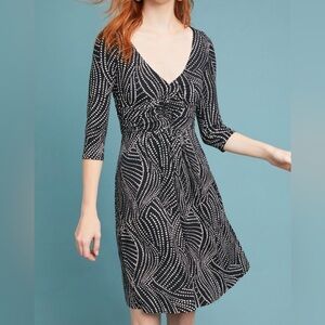 Anthropologie Maeve Ruched V-Neck Dress XL Black Polka Dots